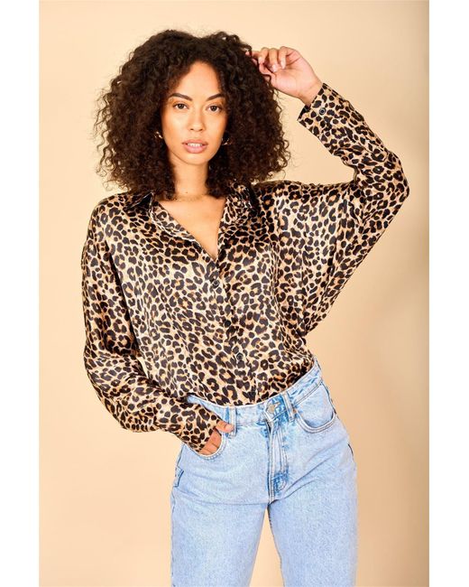 Dancing Leopard Brown Keaton Leopard Print Satin Shirt Soft Button Down Relaxed Fit Top