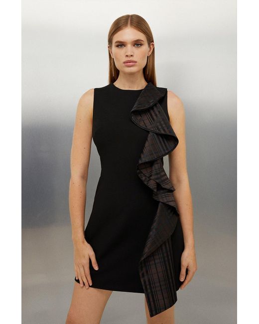 Karen Millen Black Compact Stretch Frill Detail Mini Dress