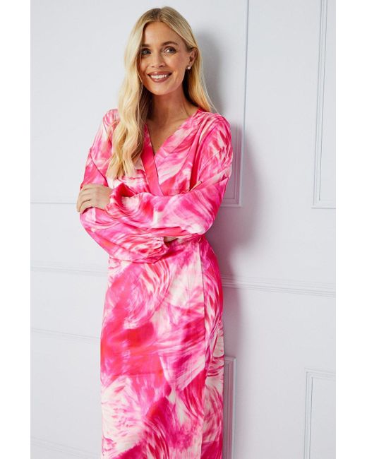 Wallis Pink Occasion Petite Feather Print Satin Wrap Formal Midi Dress