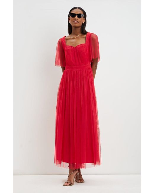 Dorothy Perkins Red Pink Pleated Mesh Sweetheart Midi Dress