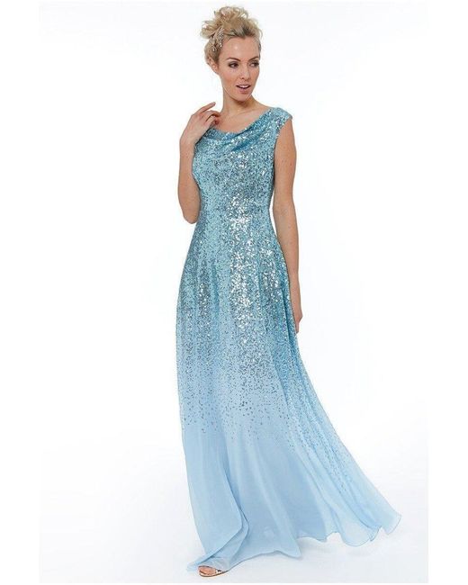 Goddiva Blue Pleated Bodice Sequin & Chiffon Maxi Dress