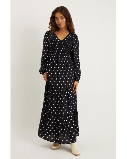 Dorothy Perkins Petite Black Spot Shirred Bodice Long Sleeve Midi Dress