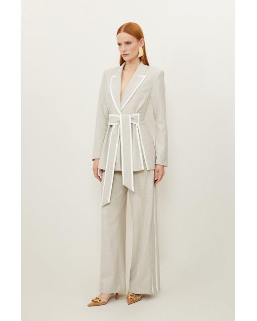 Karen Millen White Melange Tailored Belted Tipped Detail Blazer