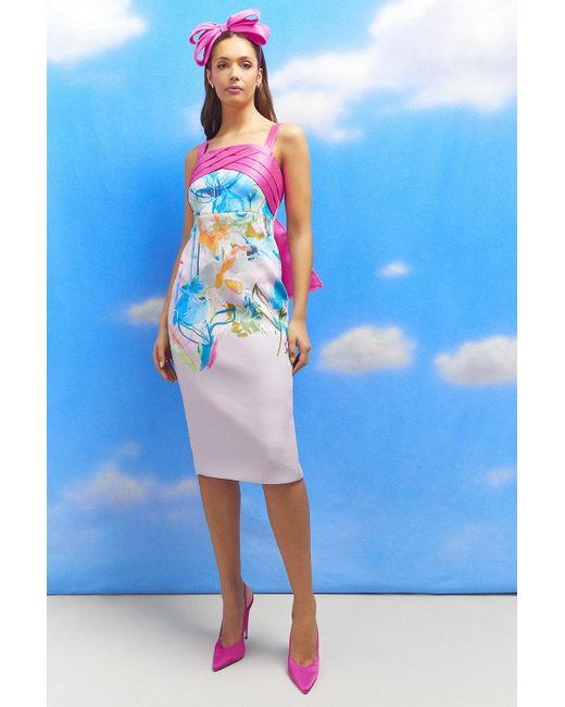Coast Blue Lisa Tan Panelled Twill Bodice Ruffle Back Pencil Dress