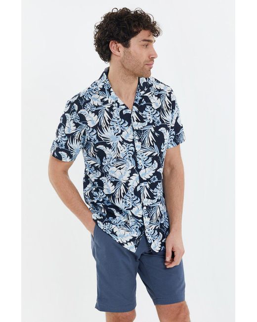 Threadbare Blue 'romeo' Short Sleeve Tropical Print Revere Collar Cotton Shirt for men