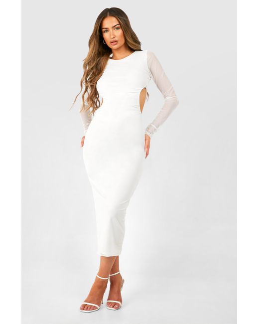Boohoo White Cut Out Long Sleeve Ruched Mesh Midaxi Dress