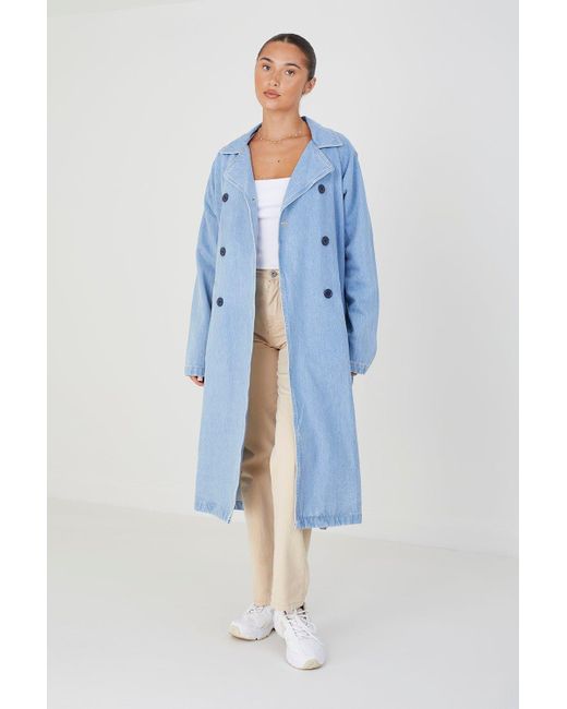 Brave Soul Blue Double-breasted Longline Trench Coat With Raglan Sleeves