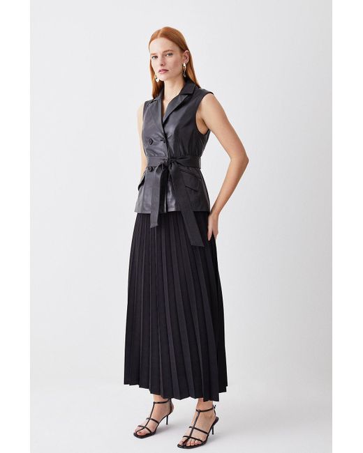 Karen Millen Blue Leather Sleeveless Wrap Pleat Skirt Midi Dress