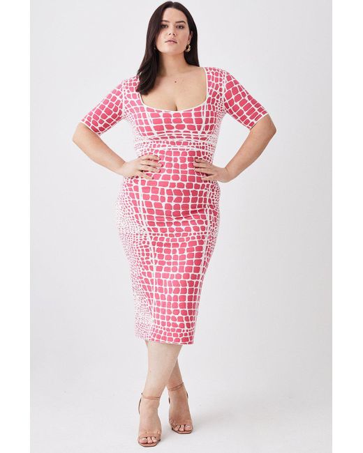 Karen Millen Pink Plus Size Abstract Jacquard Half Sleeve Knitted Midi Dress