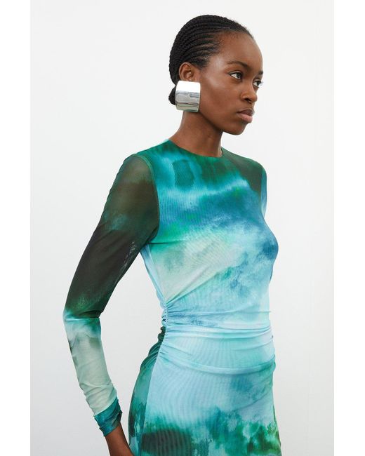 Karen Millen Green Storm Printed Mesh Jersey Maxi Dress