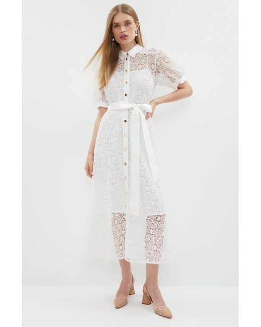Coast White Lace Belted Midi Shirt Dress