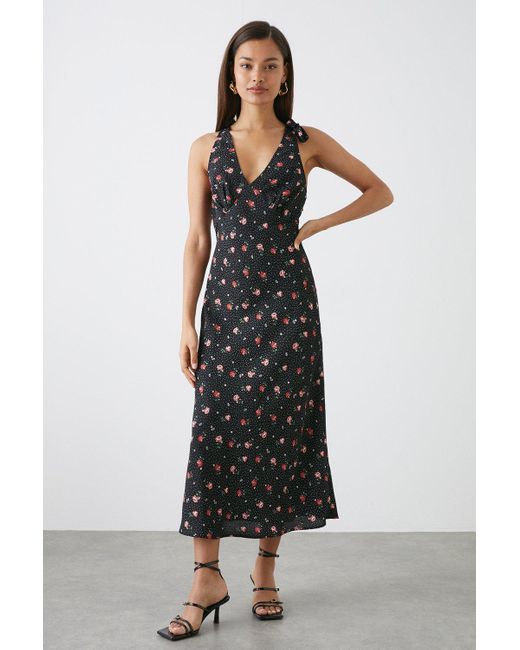 Dorothy Perkins Petite Black Floral Print Bias Cut Tie Shoulder Midi Dress