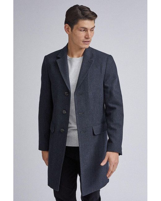 Burton Blue Navy Checkered Faux Wool Overcoat for men