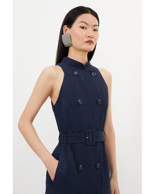 Karen Millen Blue Petite Premium Tailored Linen Double Breasted Belted Dress