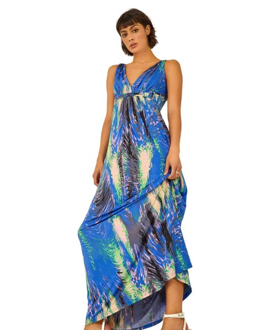 Roman Blue Abstract Print Maxi Stretch Dress