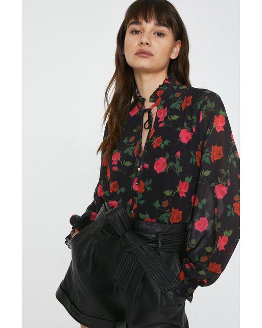 Warehouse Black Tie Neck Blouse In Floral