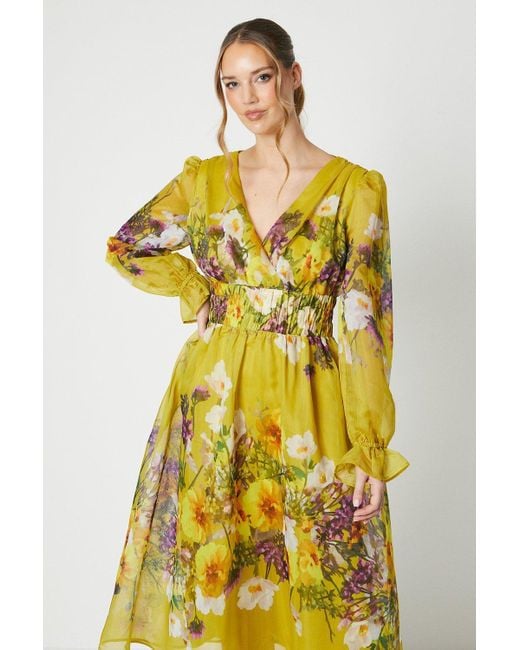 Coast Yellow Printed Blouson Sleeve Organza Midi Dress
