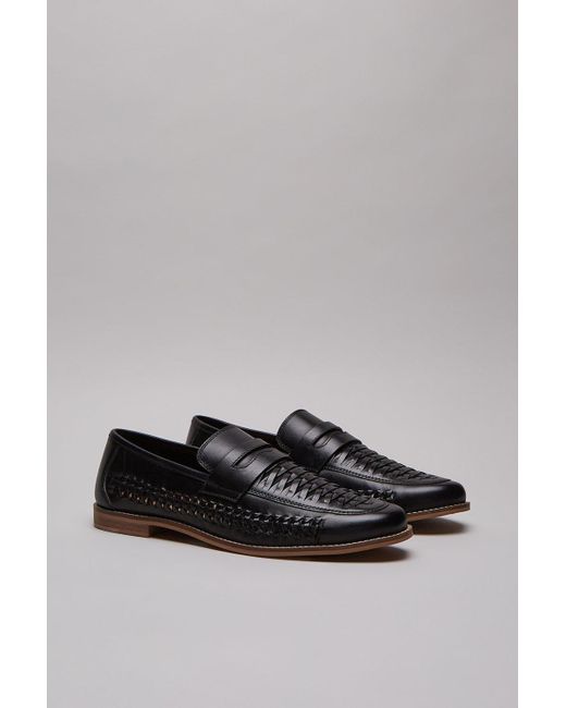 Burton Gray Black Leather Woven Loafers for men