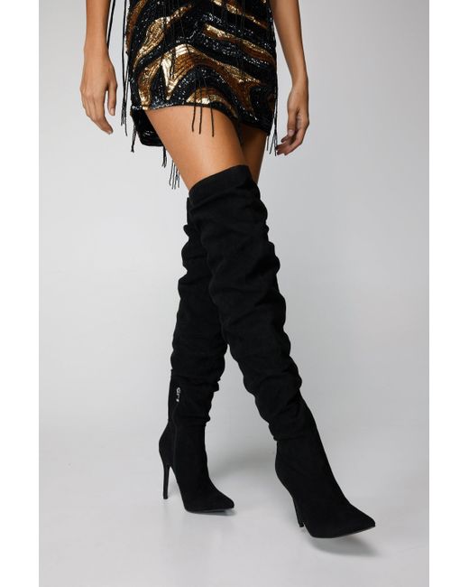 Nasty Gal Black Faux Suede Slouch Over The Knee Boots