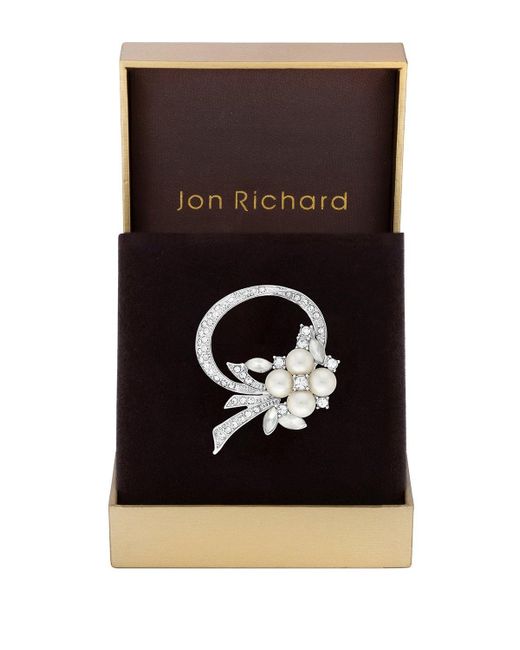 Jon Richard Black Rhodium Plated Open Bouquet Pearl And Crystal Brooch - Gift Boxed