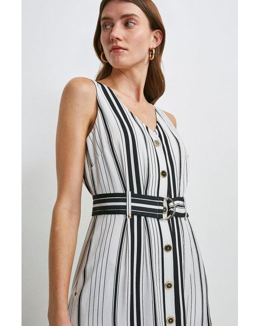 Karen Millen White Stripe Linen Viscose Button Through Dress