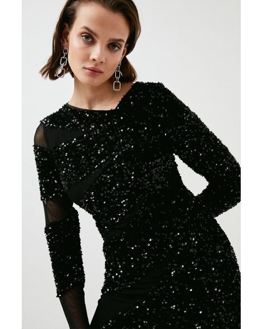 Karen Millen Black Sequin Mesh Detail Jersey Mini Dress