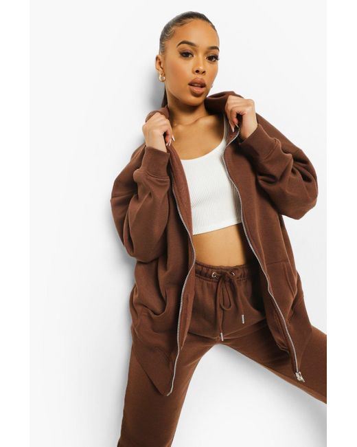 Boohoo Brown Oversized Official Zip Hooded Tracksuit
