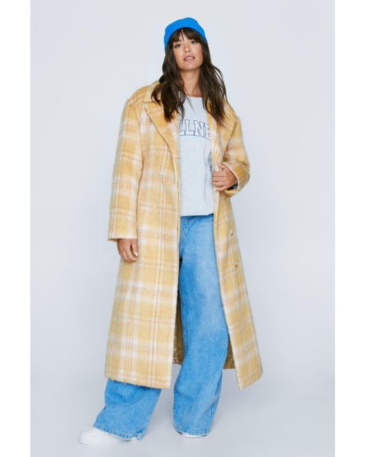 Nasty Gal Blue Plus Size Check Print Wool Blend Coat