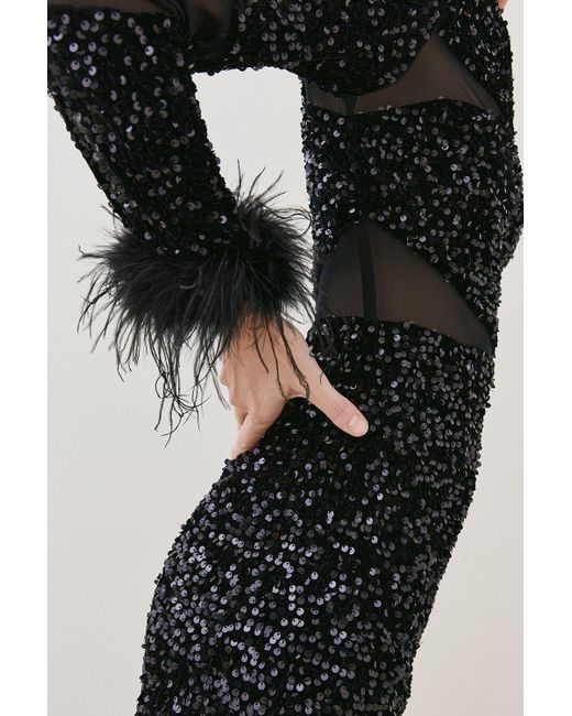 Karen Millen Black Petite Sequin Velvet Mesh Detail Feather Cuff Jersey Mini