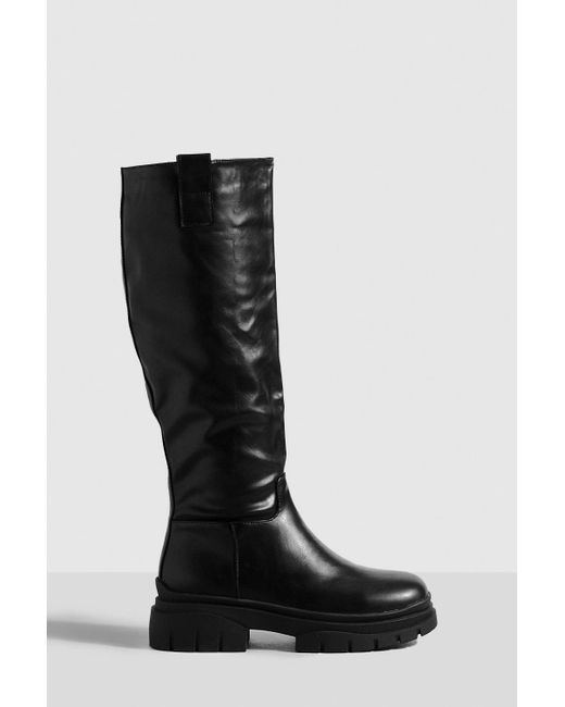 Boohoo Black Wide Fit Wave Sole Knee High Boots