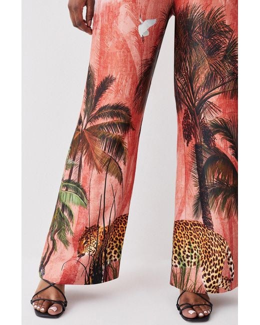 Karen Millen Red Plus Size Satin Palm Printed Woven Trousers