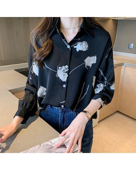 Black Floral Chiffon Long Shirt