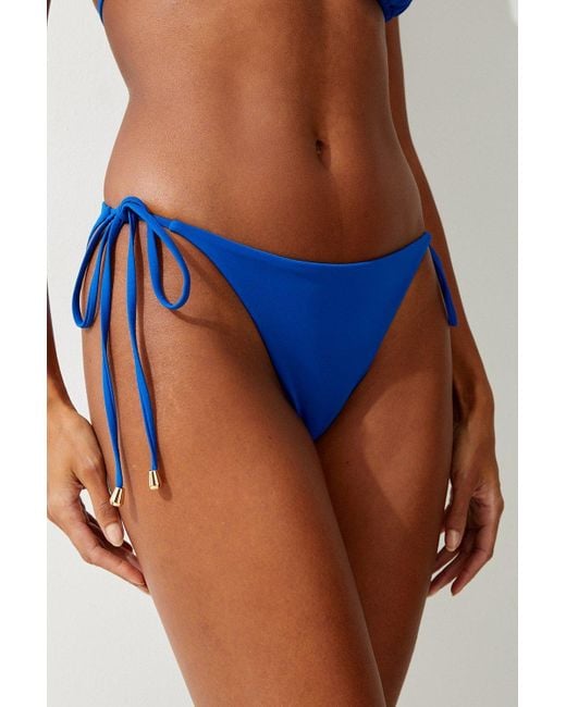 Karen Millen Blue Ruched Detail Cheeky Tie Side Bikini Bottoms