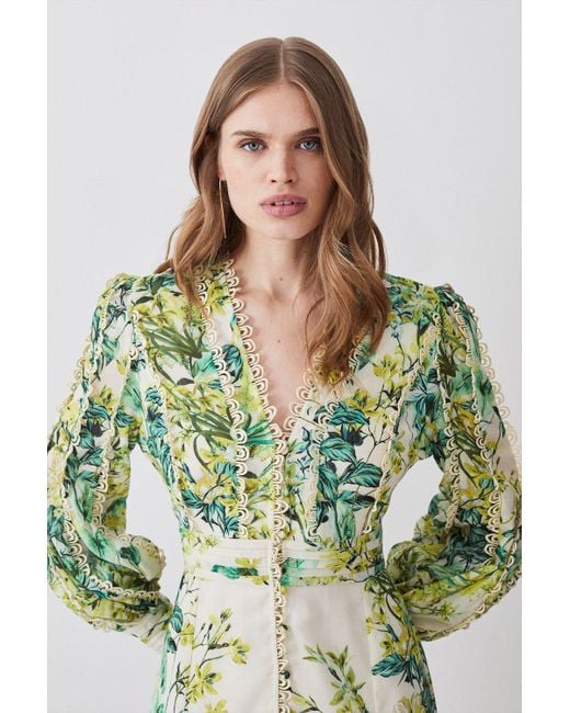 Karen Millen Green Trailing Floral Woven Plunge Maxi Dress