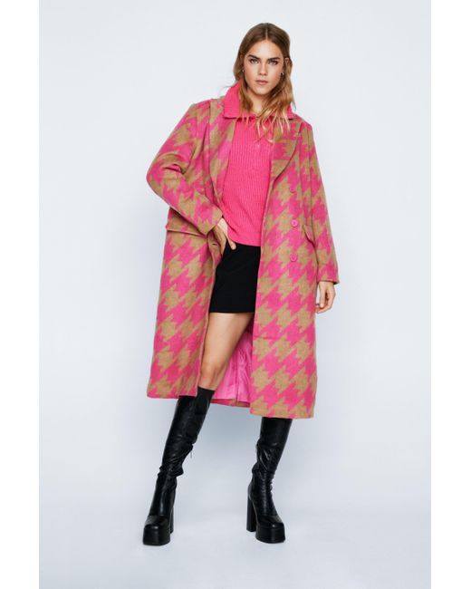 Nasty Gal Pink Premium Oversized Houndstooth Double Breasted Coat