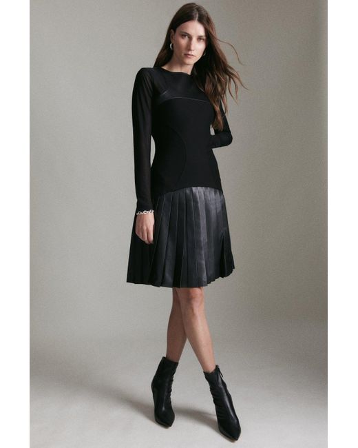 Karen Millen Black Mesh Sleeve Pleated Jersey Mini Dress