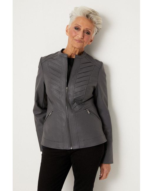 Wallis Petite Dark Grey Faux Leather Pleat Detail Zip Front Jacket in Grey  | Lyst UK