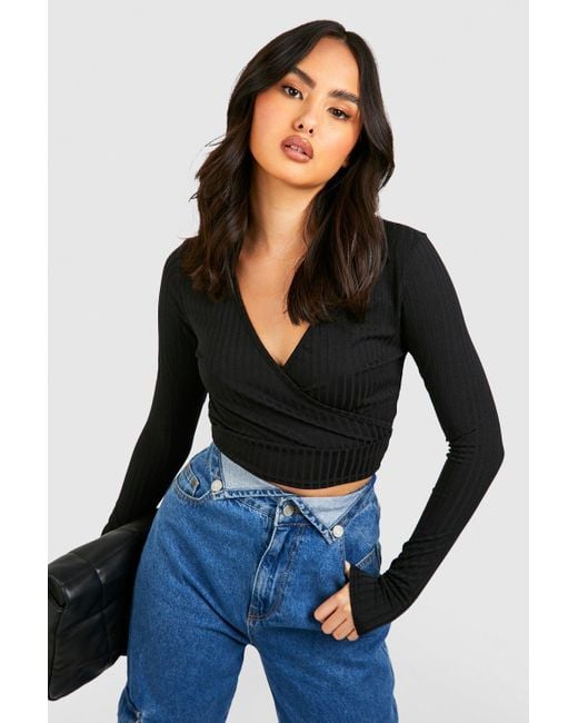 Boohoo Blue Ribbed Wrap Front Long Sleeve Cropped Top