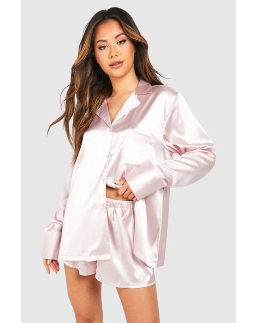 Boohoo White Oversized Blush Satin Short Pyjama Set