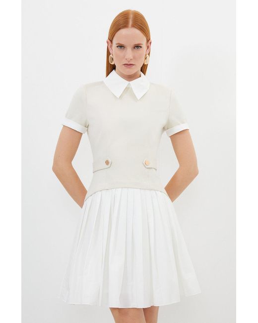 Karen Millen White Jersey Cotton Poplin Pleated Mini Dress