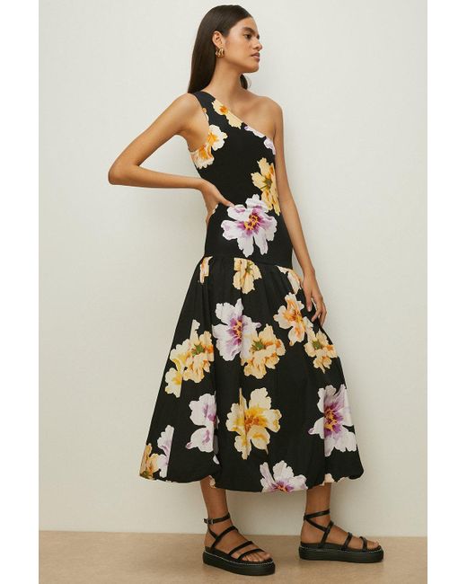Oasis Black Floral Woven Mix One Shoulder Midi Dress