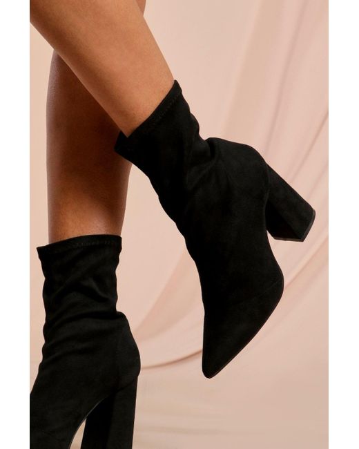 MissPap Black Faux Suede Pointed Block Heel Sock Boot