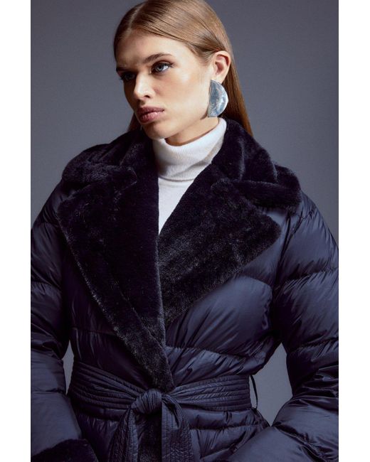 Karen Millen Blue Faux Fur Lined Belted Puffer Coat