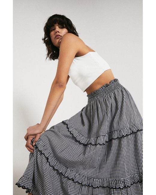 Warehouse Gray Gingham Scallop Frill Tiered Midi Skirt