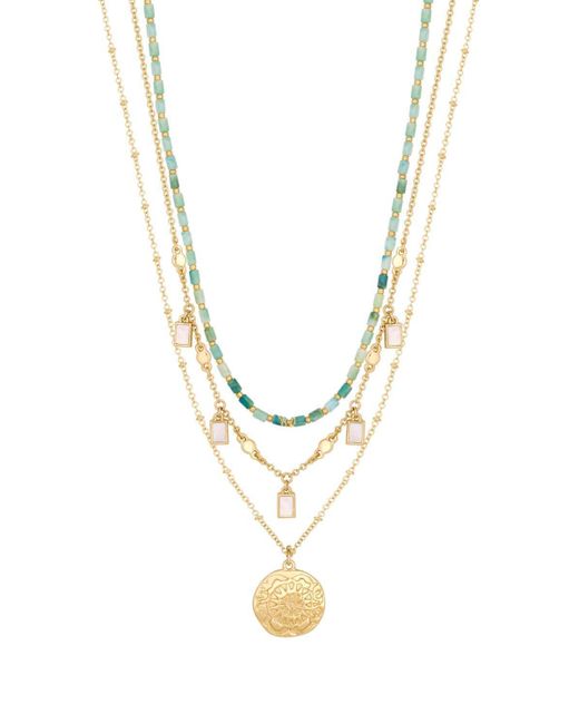 Mood Metallic Gold Blue Coastal Bead And Mother Of Pearl Charm Layered Necklaces - Pack Of 3