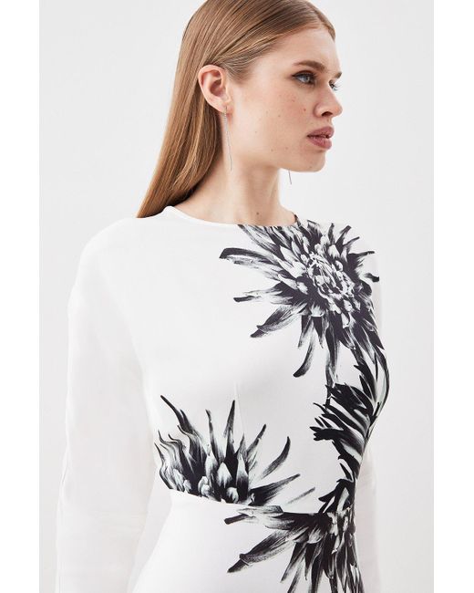 Karen Millen White Satin Crepe Floral Long Sleeve Woven Maxi Dress