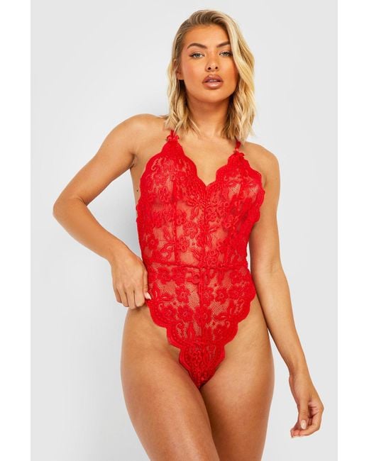 Boohoo Red Lace Cross Back Crotchless One Piece