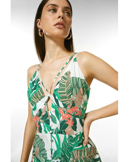 Karen Millen Green Cotton Poplin Palm Strap Detail Woven Button Dress