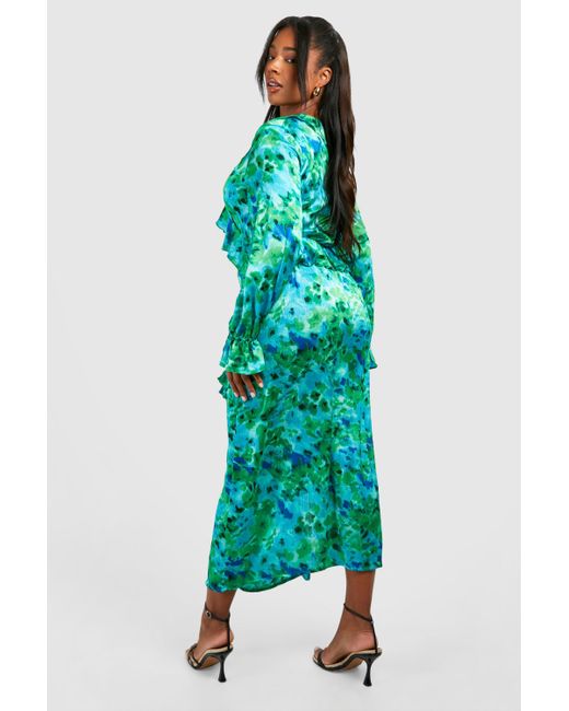 Boohoo Green Plus Floral Cut Out Ruffle Midaxi Dress