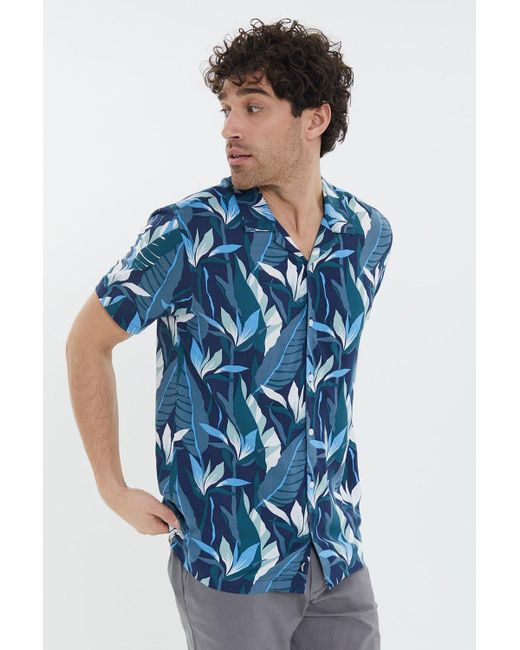 Threadbare Blue 'turner' Short Sleeve Palm Print Revere Collar Shirt for men